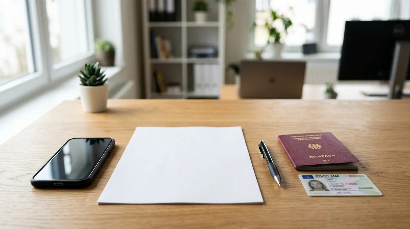 Citizen filling out a form with phone and documents on a desk