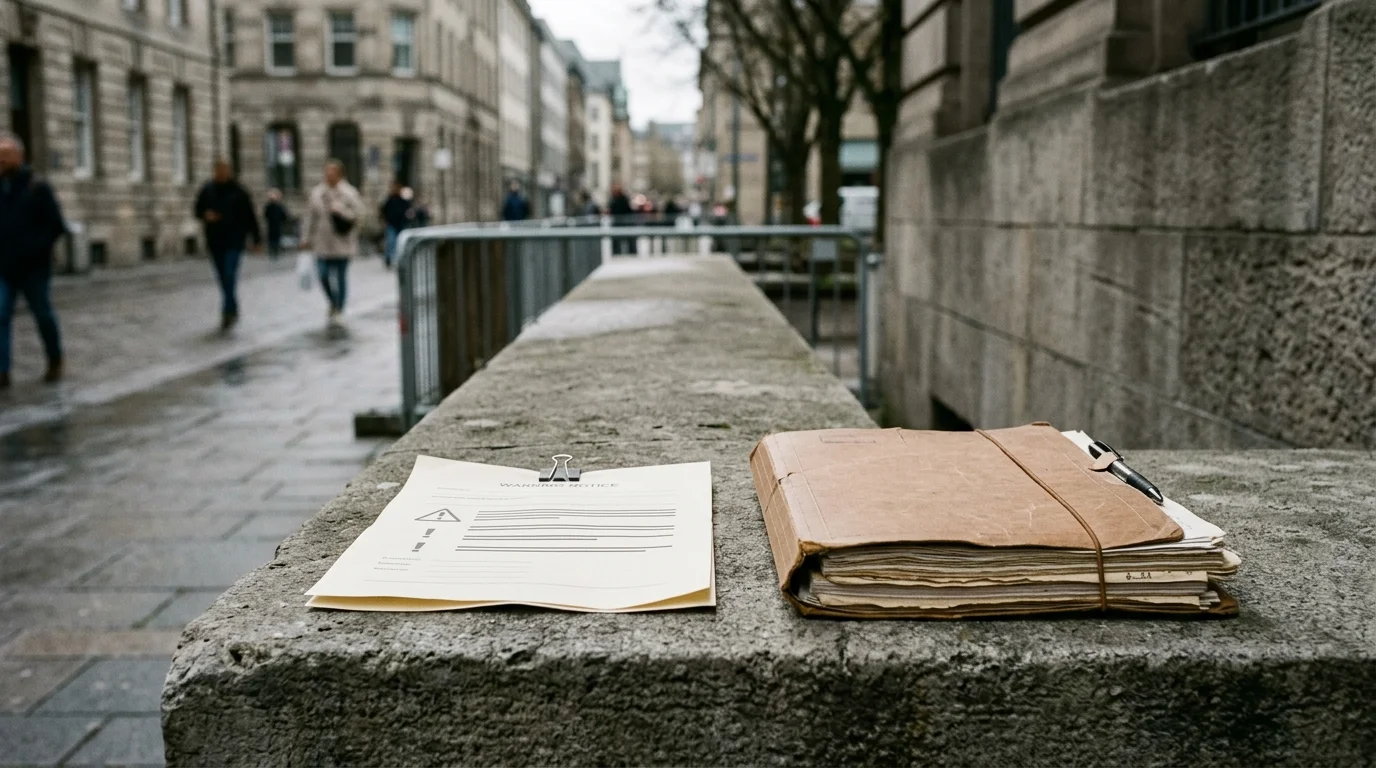Warning notice near documents in a neutral city setting